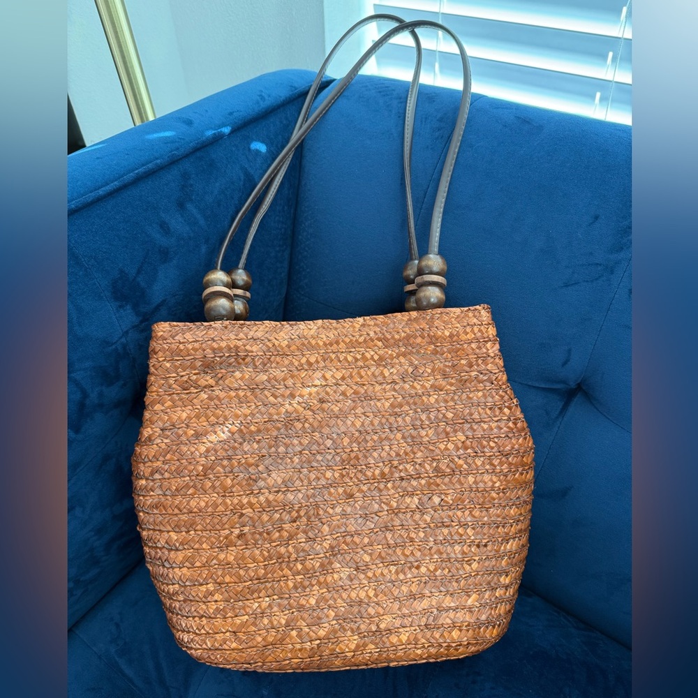 Woven Brown Straw Tote Bag with Wooden Bead Handles